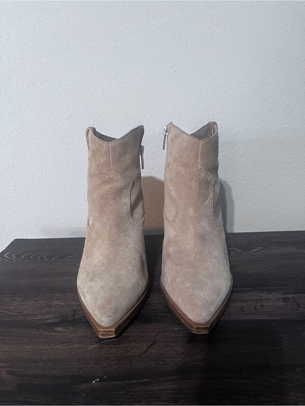 Vince Camuto Taupe Suede Pointed Ankle Booties with Side Zipper